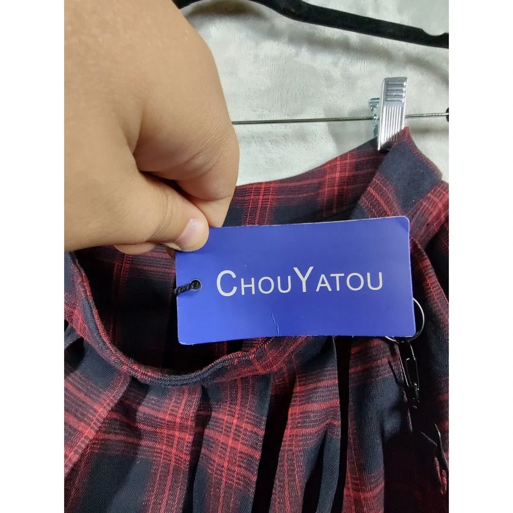Chouyatou Red‎ Black Plaid Pleated Mini Skirt Punk Gothic Harness Straps Small